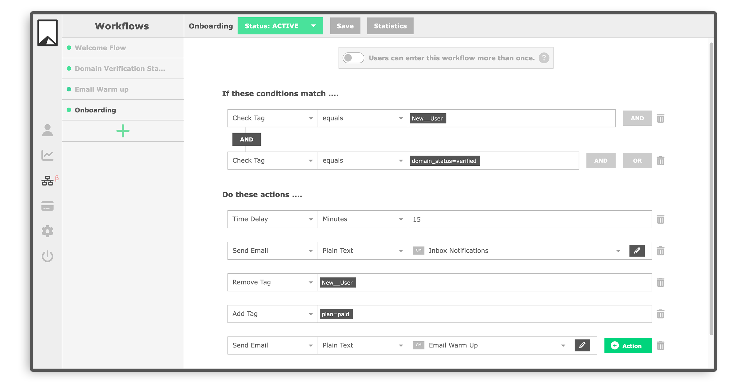 Sendune workflow management interface with various conditions and actions