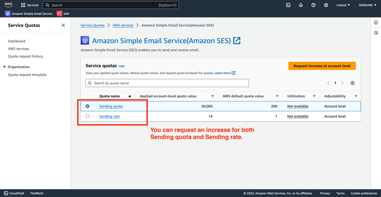 increase aws ses send quota