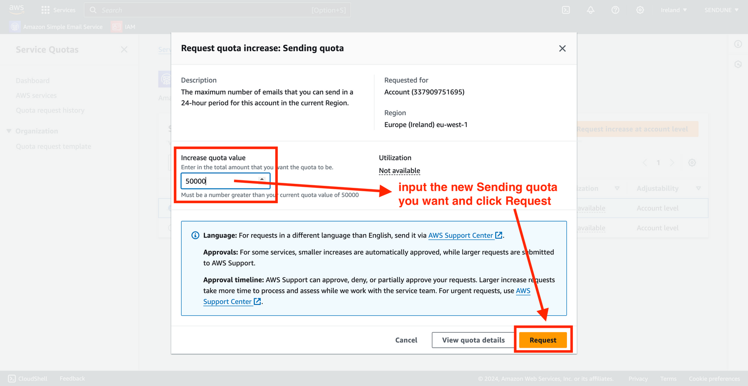 how to increase aws ses send quota