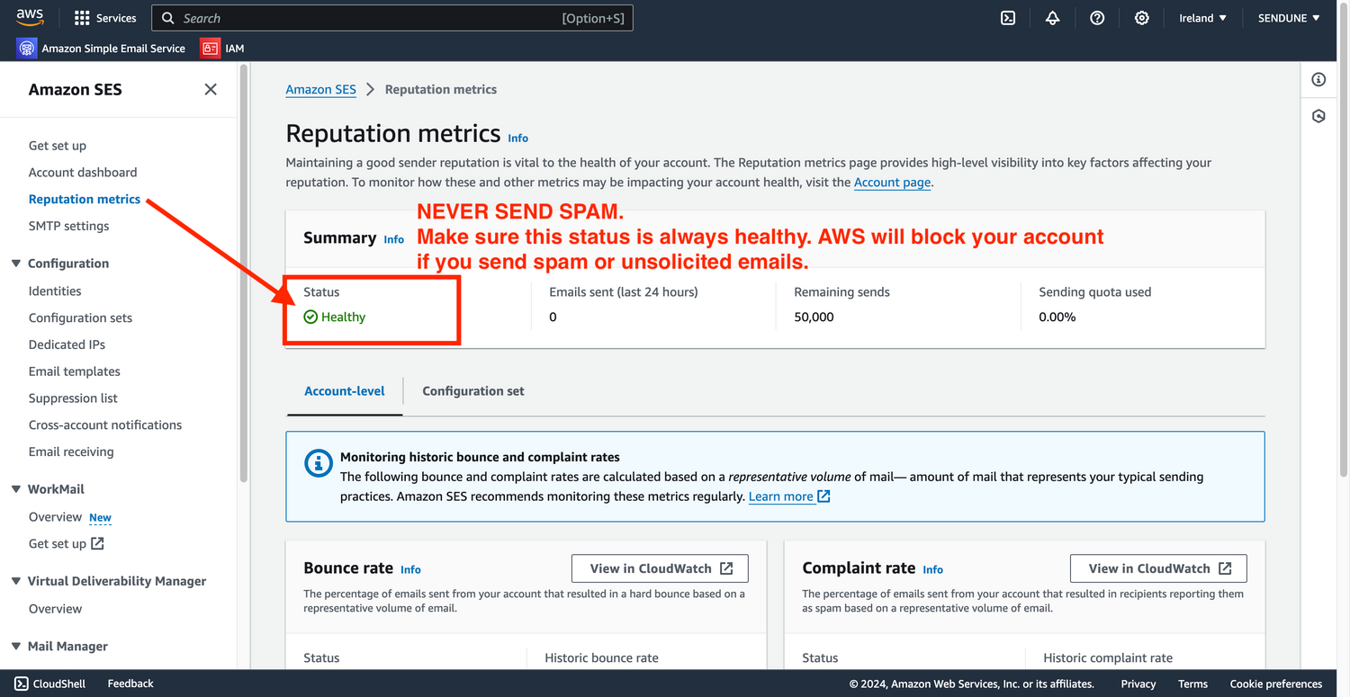 check aws ses reputation metrics