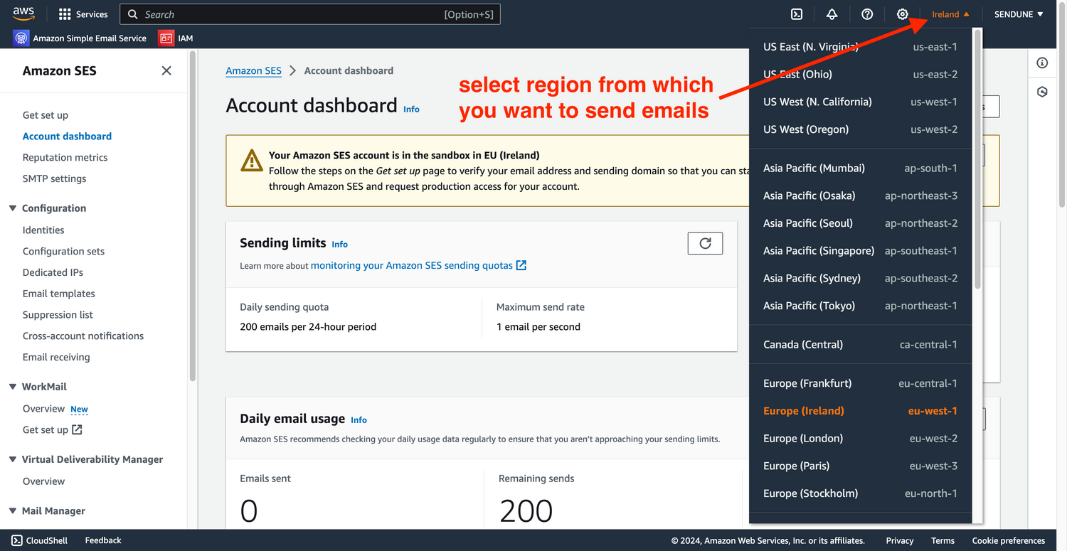 select aws ses region